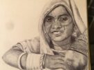 A drawing in ballpoint pen of an Indian girl wearing a sari with her head covered by draped fabric.