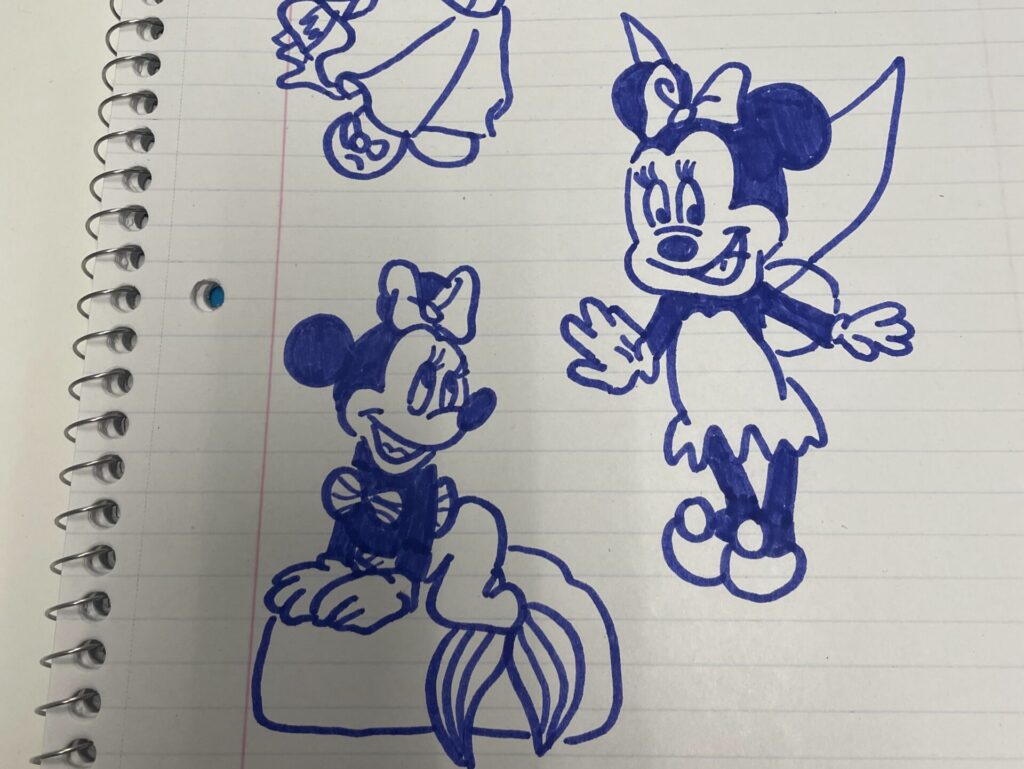 Two drawings of Minnie Mouse done in blue marker, one depicting Minnie Mouse as Ariel and the other depicting her as Tinker Bell.