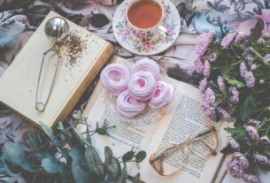 Pexels image of desserts, flowers, and a cup of tea on top of an open book.